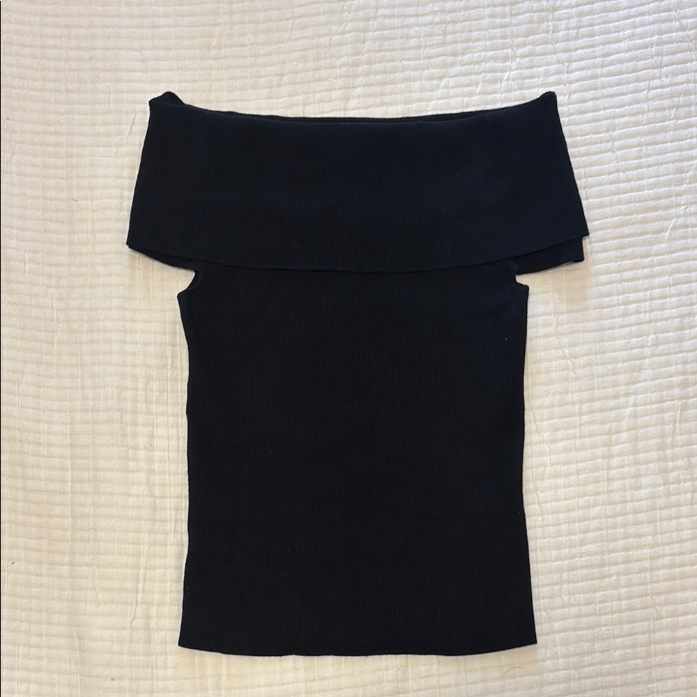 Aritzia Wilfred Black Ribbed Knit Off-Shoulder Top